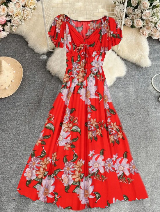 Floral V -Neck Short Sleeved Summer Dress